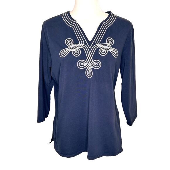 Talbots Navy Blue Embroidered Notched Neck 3/4 Sleeve Tunic Top - Picture 1 of 9